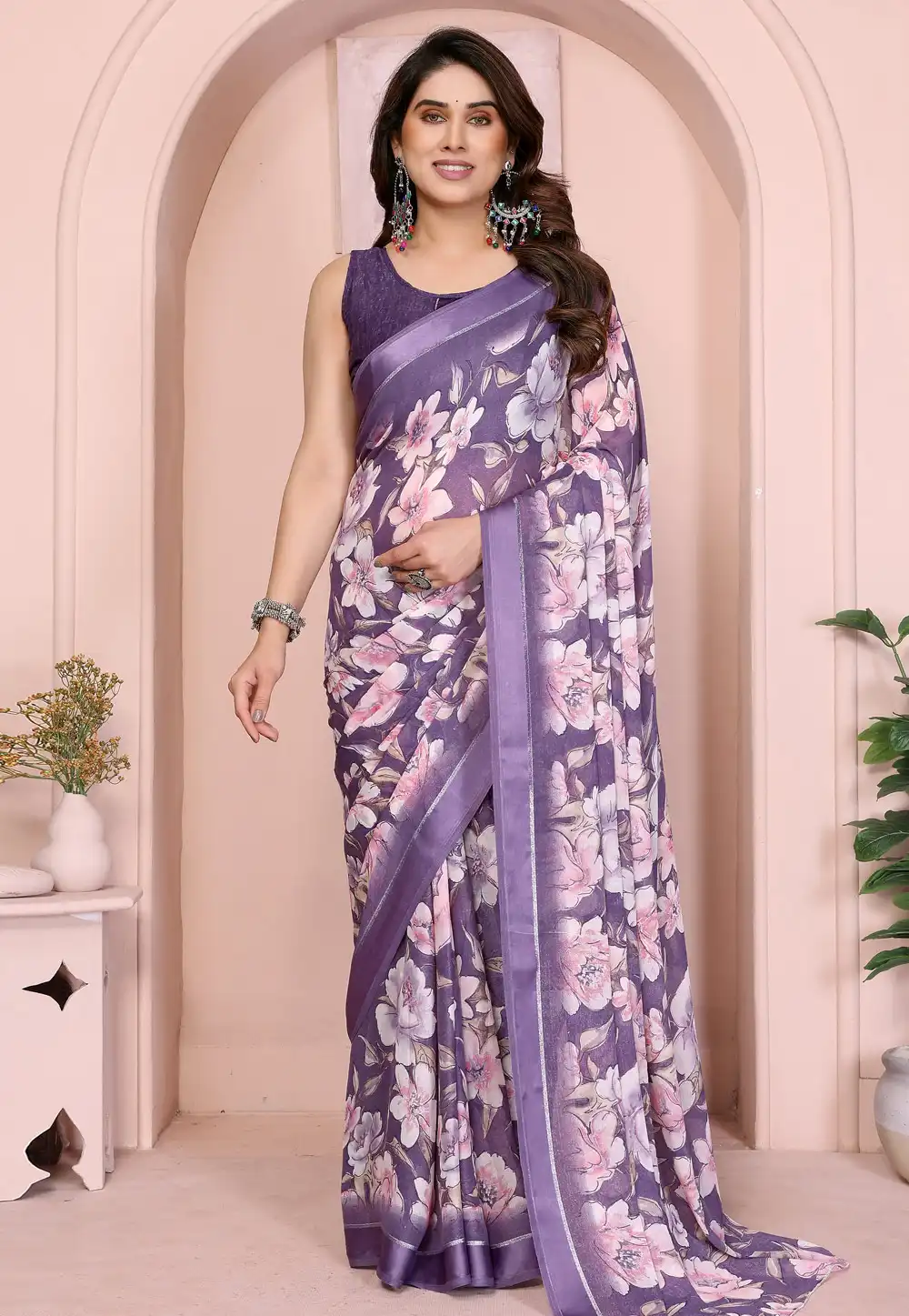 Purple Satin Saree With Blouse 318783
