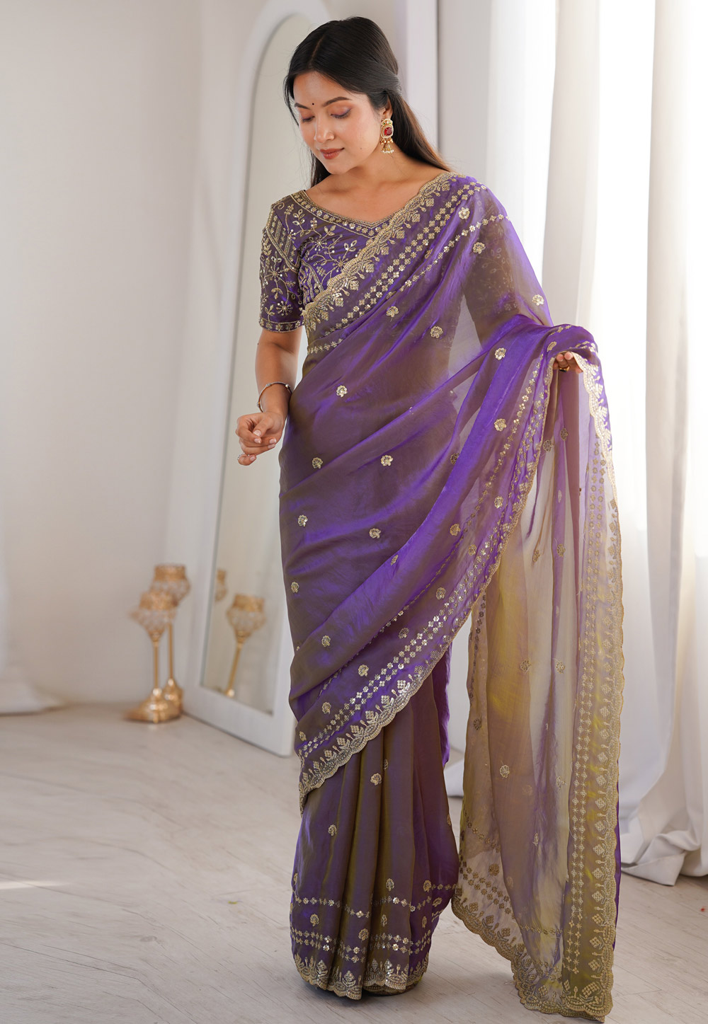 Purple Satin Saree With Blouse 329556