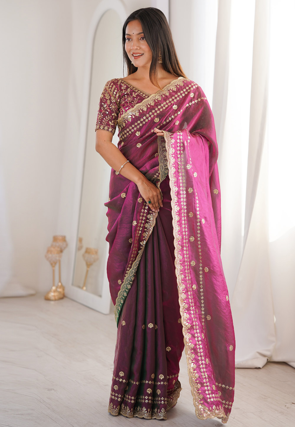 Purple Satin Saree With Blouse 329560
