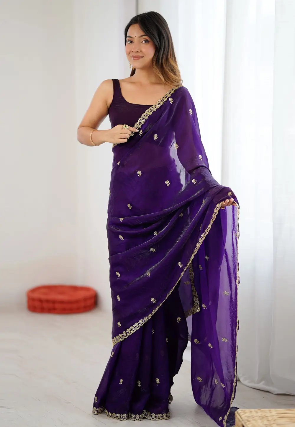 Purple Satin Saree With Blouse 332312