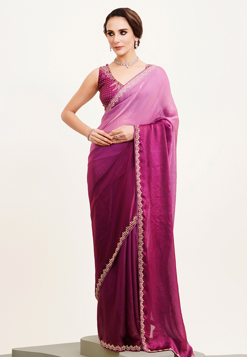 Purple Satin Saree With Blouse 311911