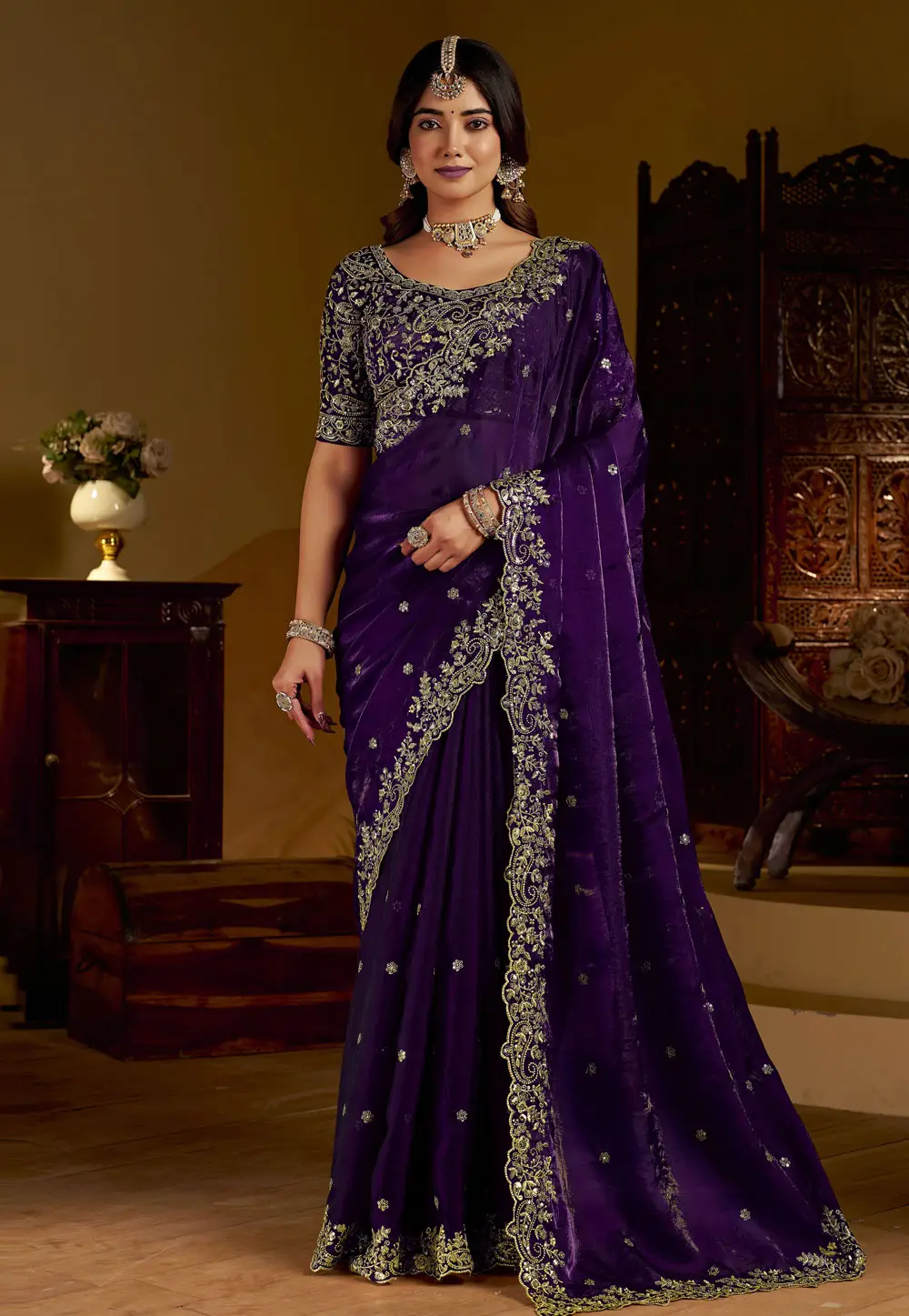 Purple Satin Saree With Blouse 332580