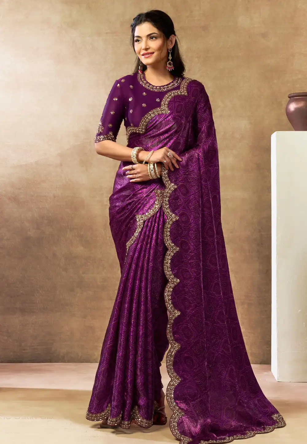 Purple Satin Silk Bandhani Print Saree 328482
