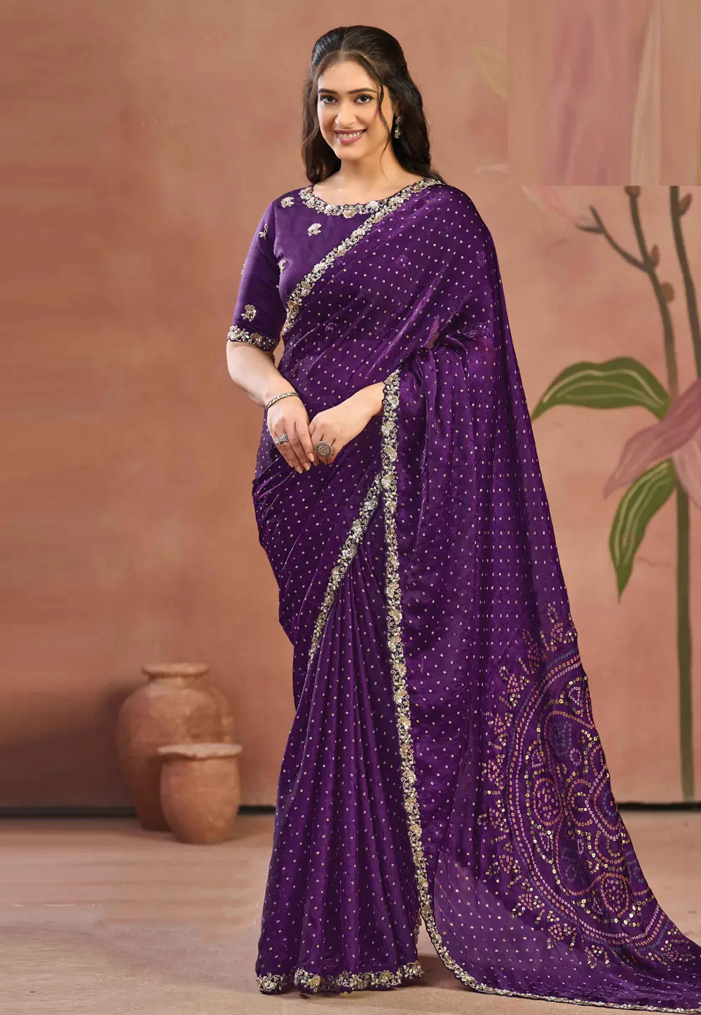 Purple Satin Silk Bandhani Print Saree 333501