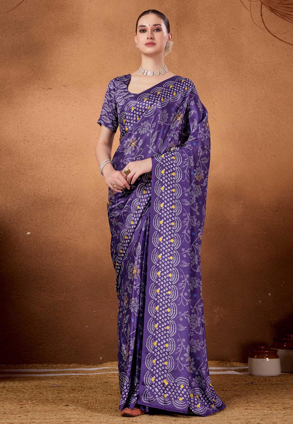 Purple Satin Silk Bandhani Print Saree 327128