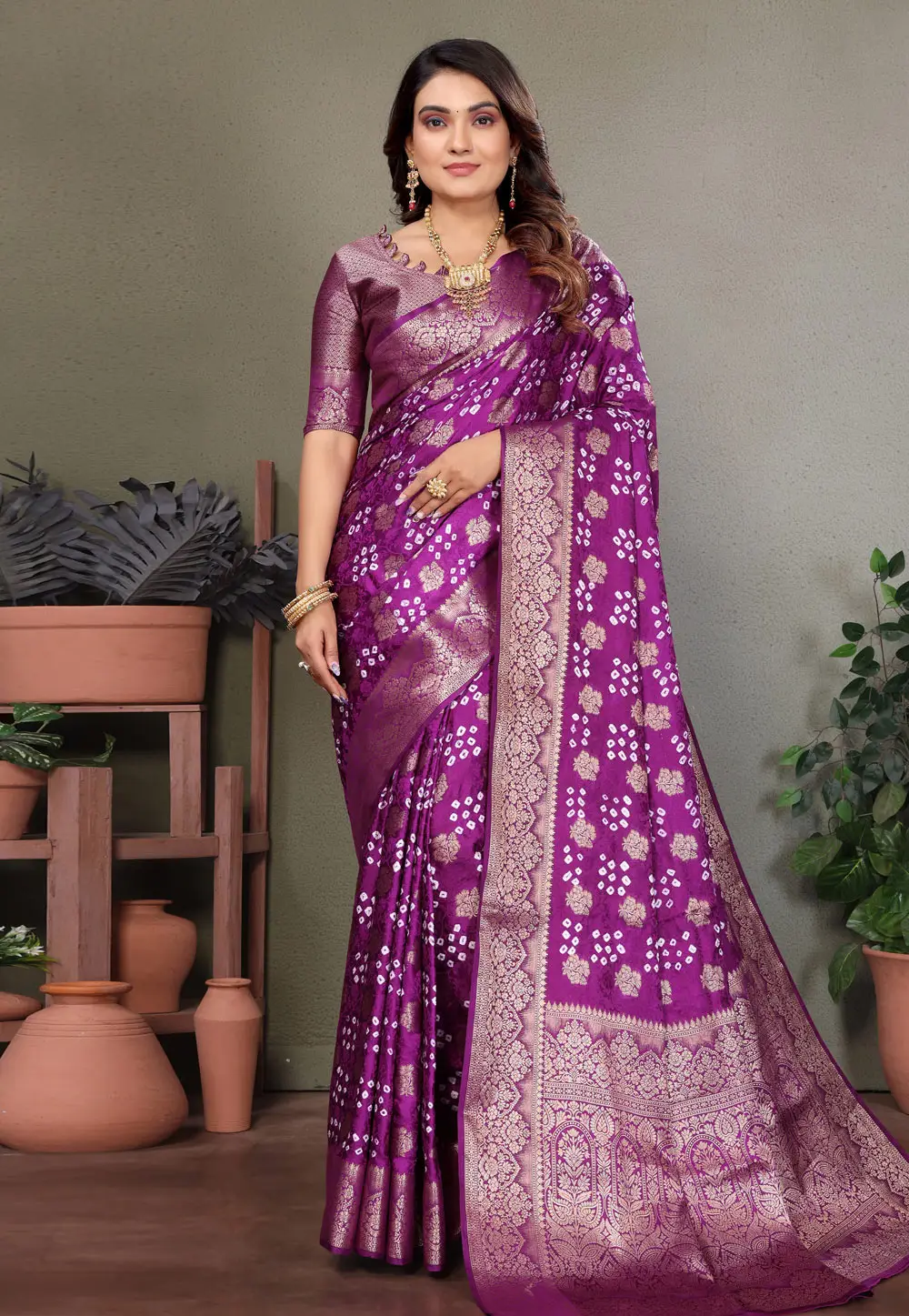 Purple Satin Silk Bandhani Print Saree 336312