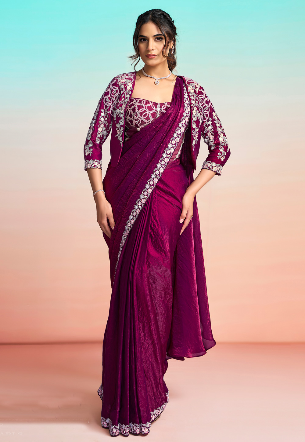 Purple Satin Silk Designer Saree 327235