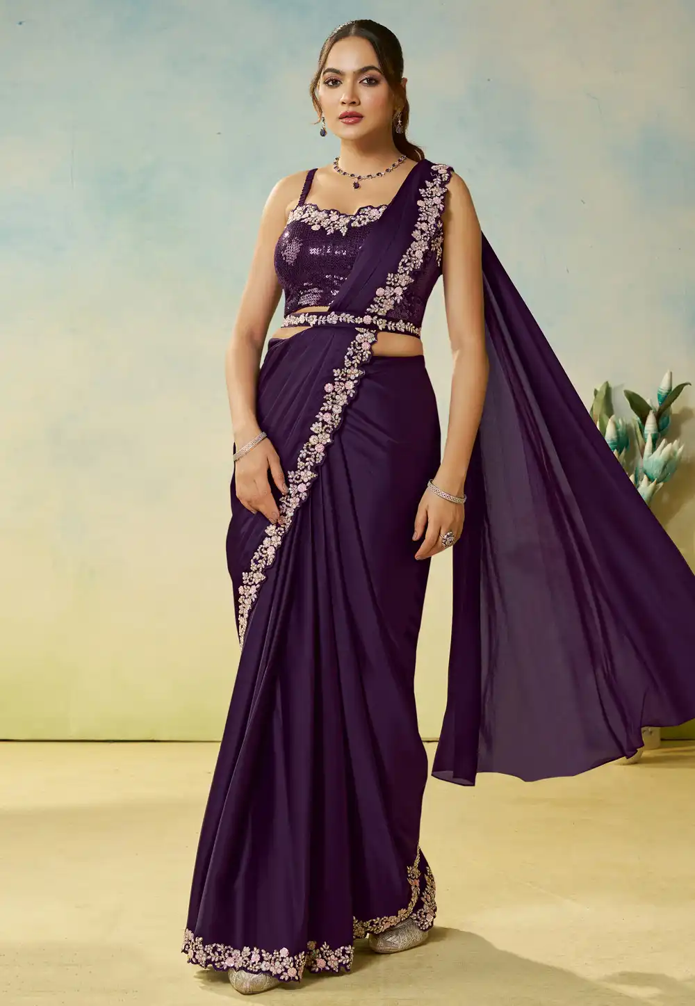 Purple Satin Silk Lehenga Saree 317964