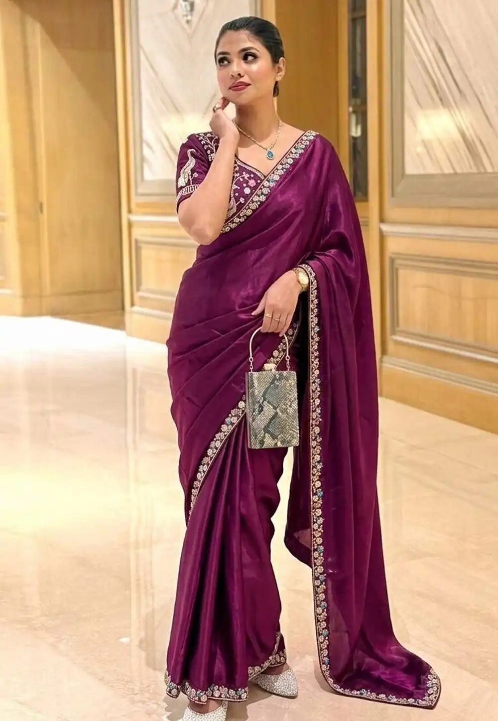 Purple Satin Silk Saree With Blouse 329830