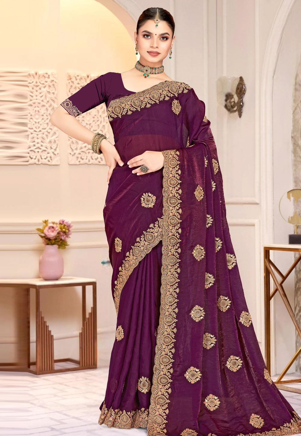 Purple Satin Silk Saree With Blouse 318430