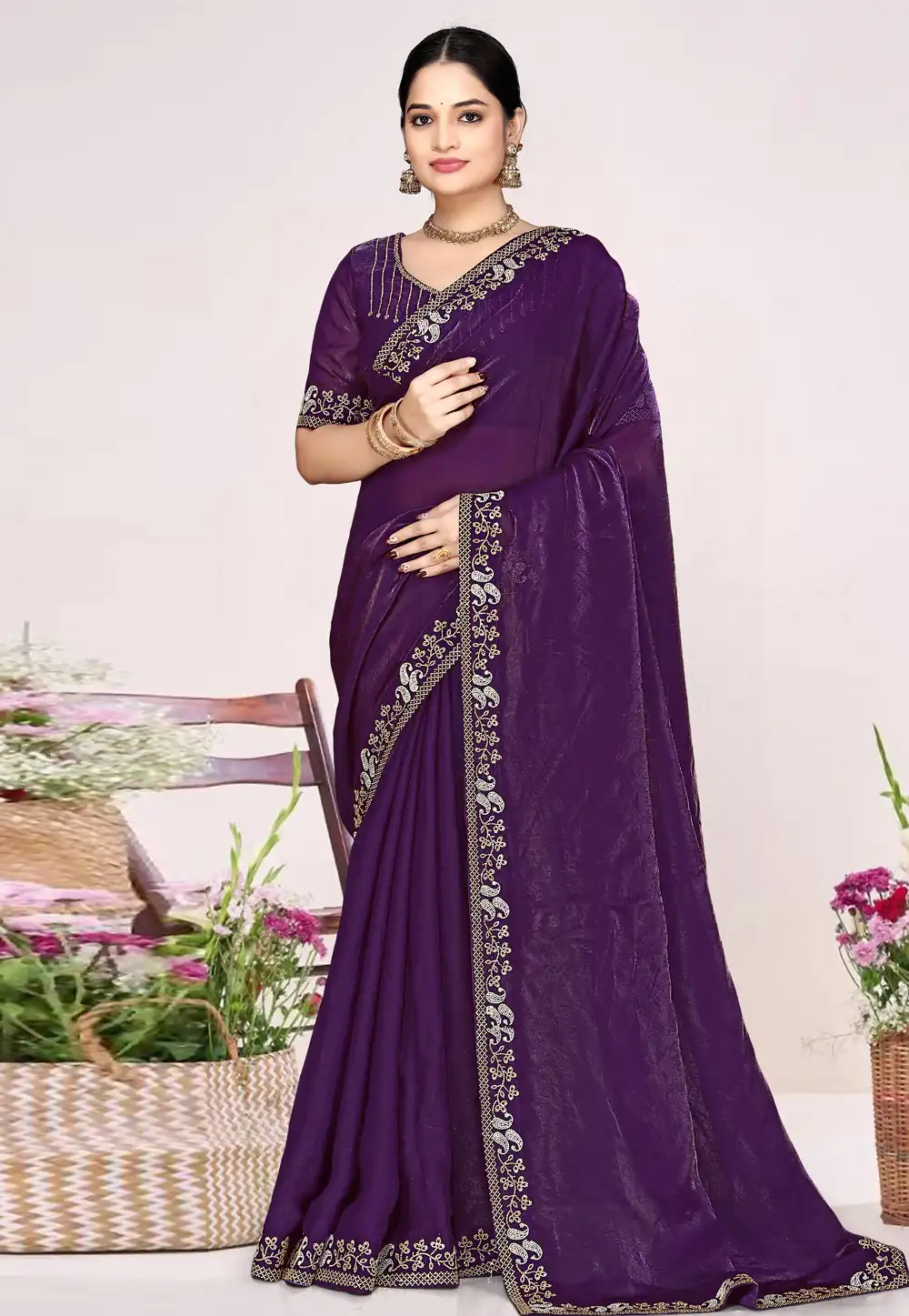 Purple Satin Silk Saree With Blouse 326861