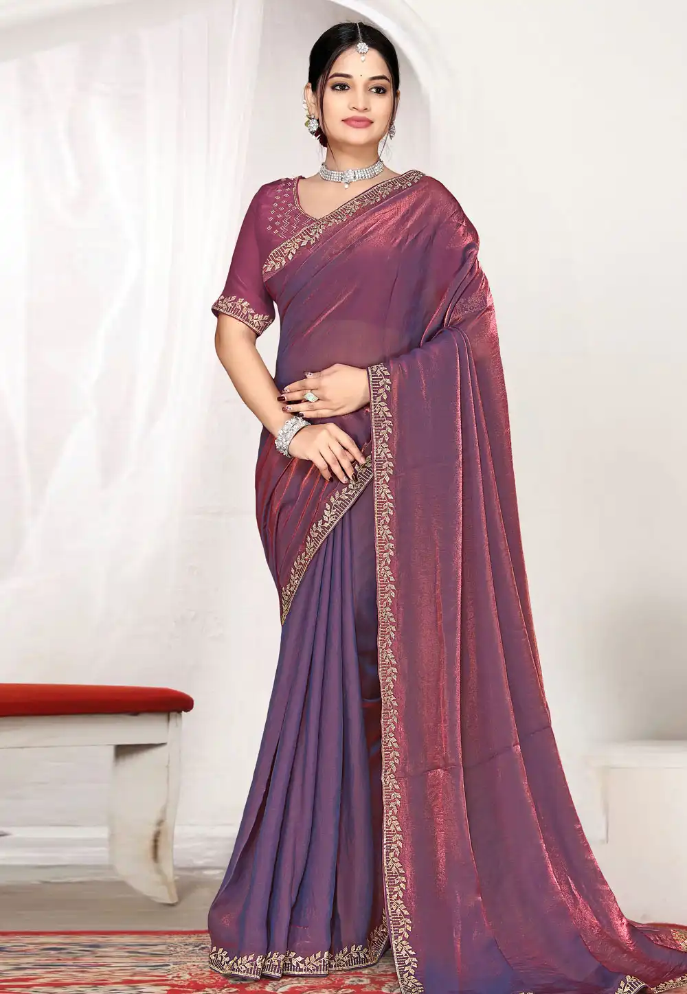 Purple Satin Silk Saree With Blouse 327384