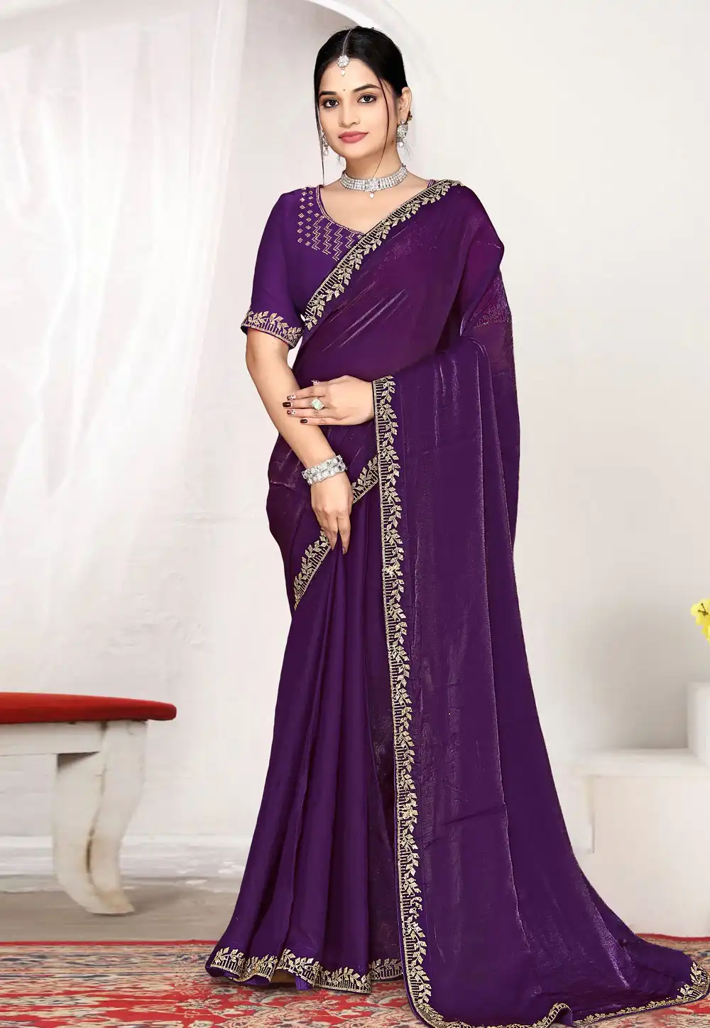 Purple Satin Silk Saree With Blouse 327390