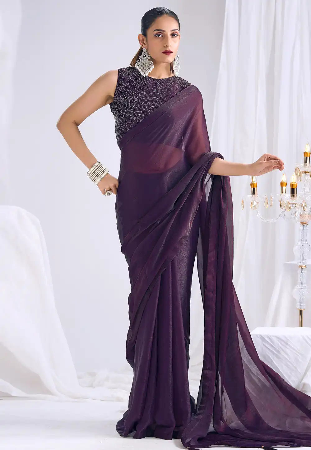 Purple Satin Silk Saree With Blouse 327776