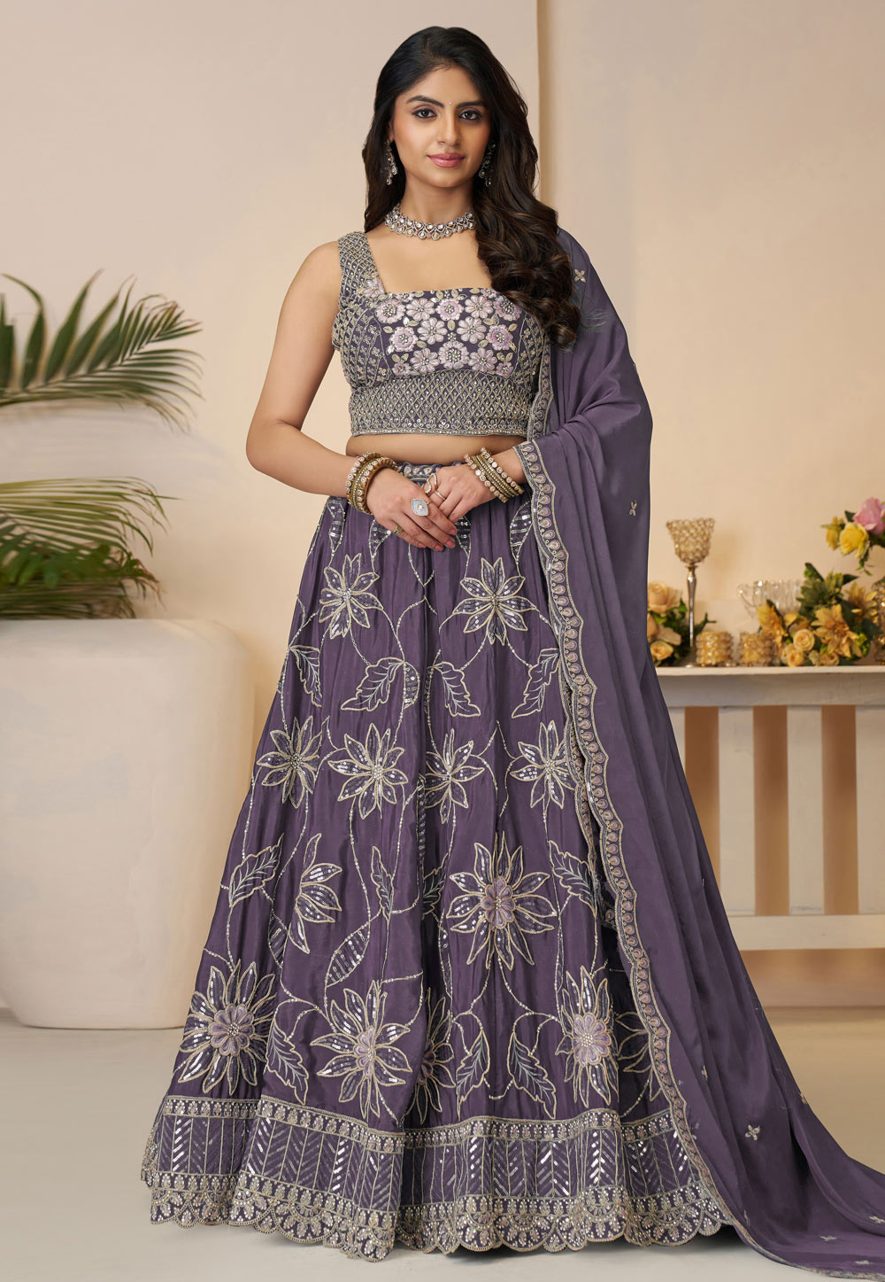 Purple Satin Silk Wedding Lehenga Choli 309000