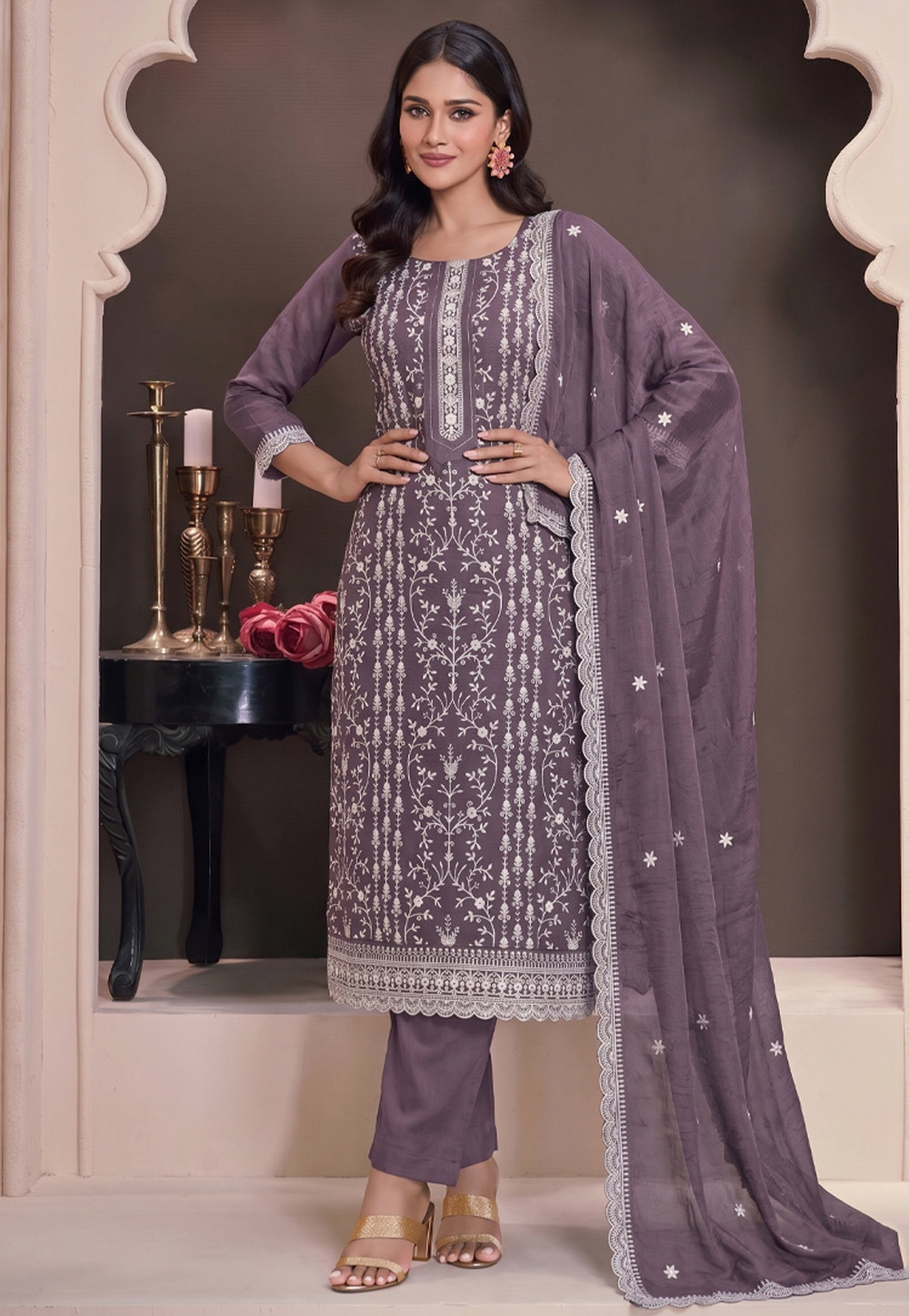 Purple Silk Embroidered Pant Style Suit 329739