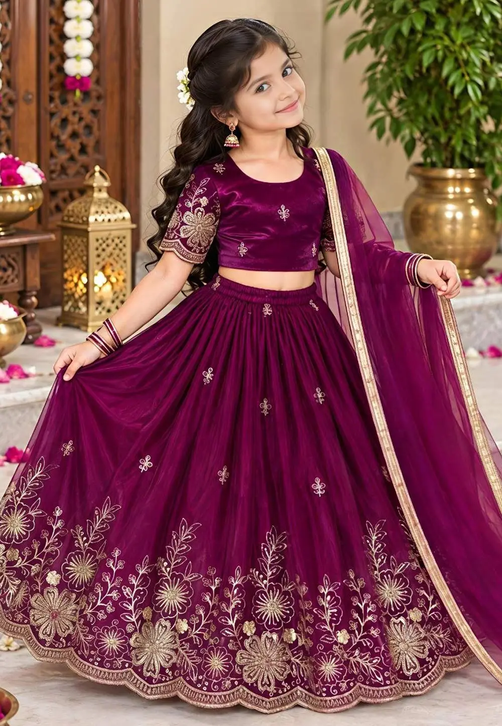 Purple Silk Girls Lehenga Choli 336486