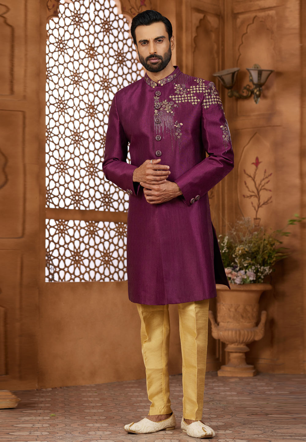 Purple Silk Indo Western Sherwani 306710