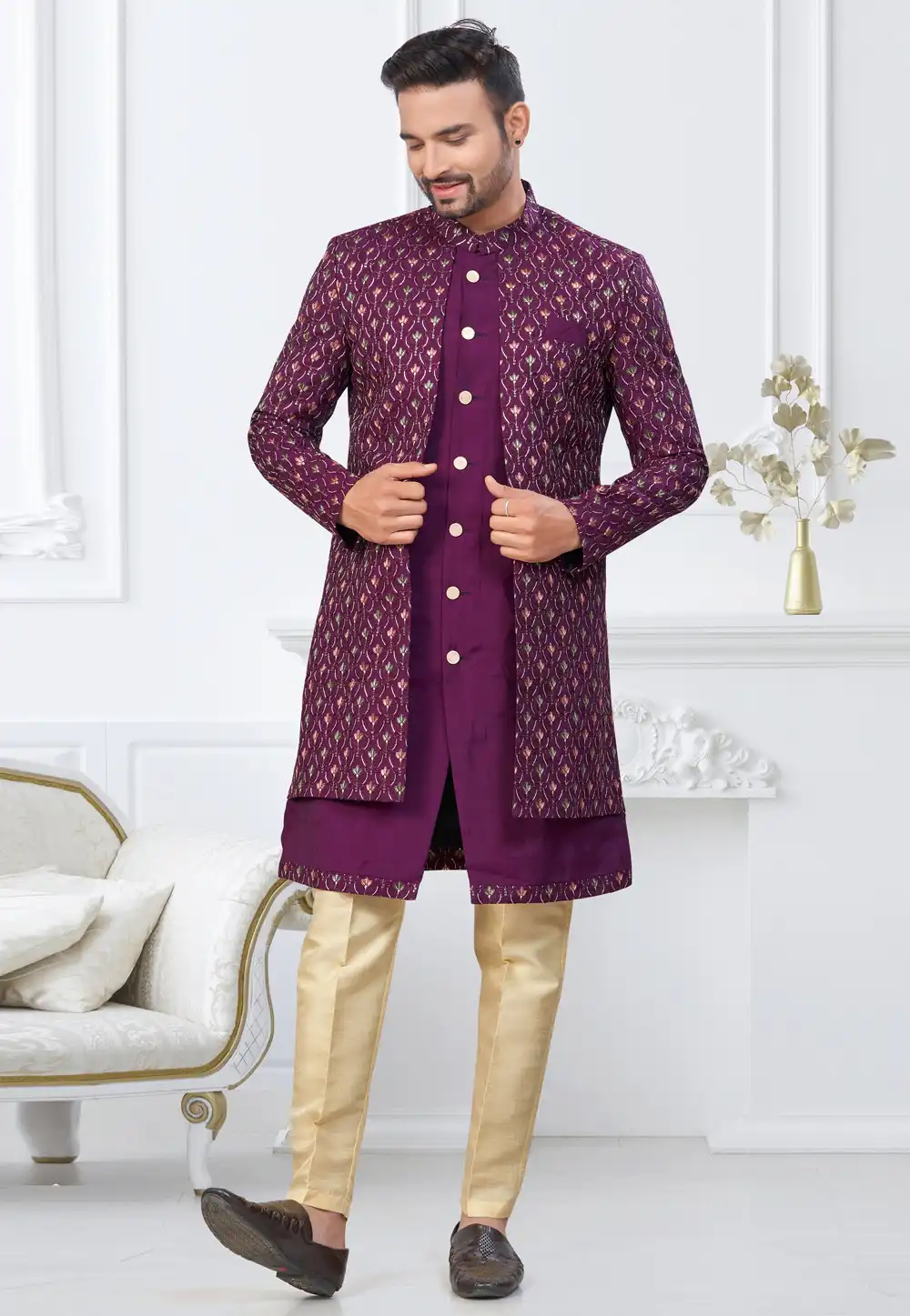 Purple Silk Indo Western Suit 322885