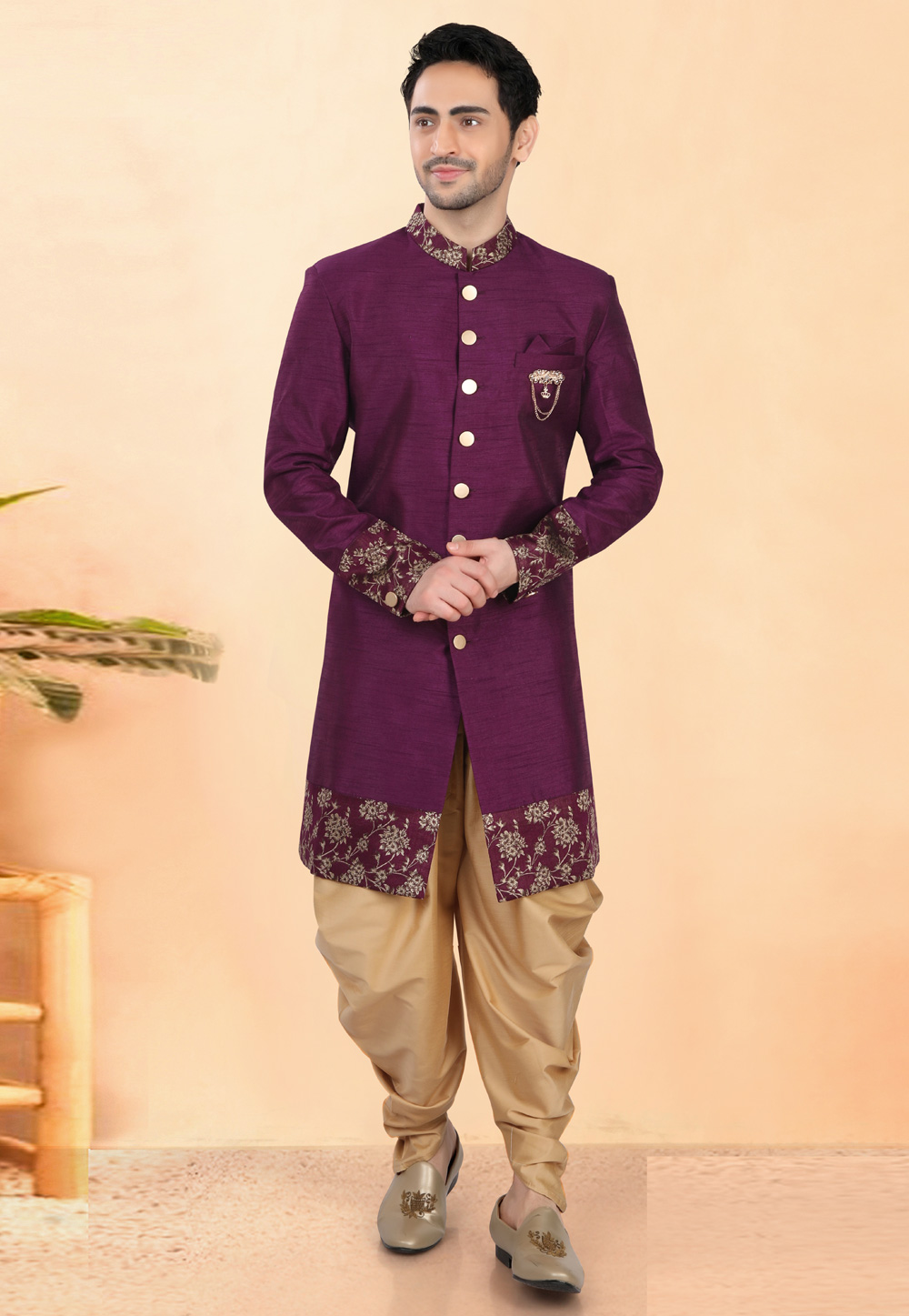 Purple Silk Indo Western Suit 308629