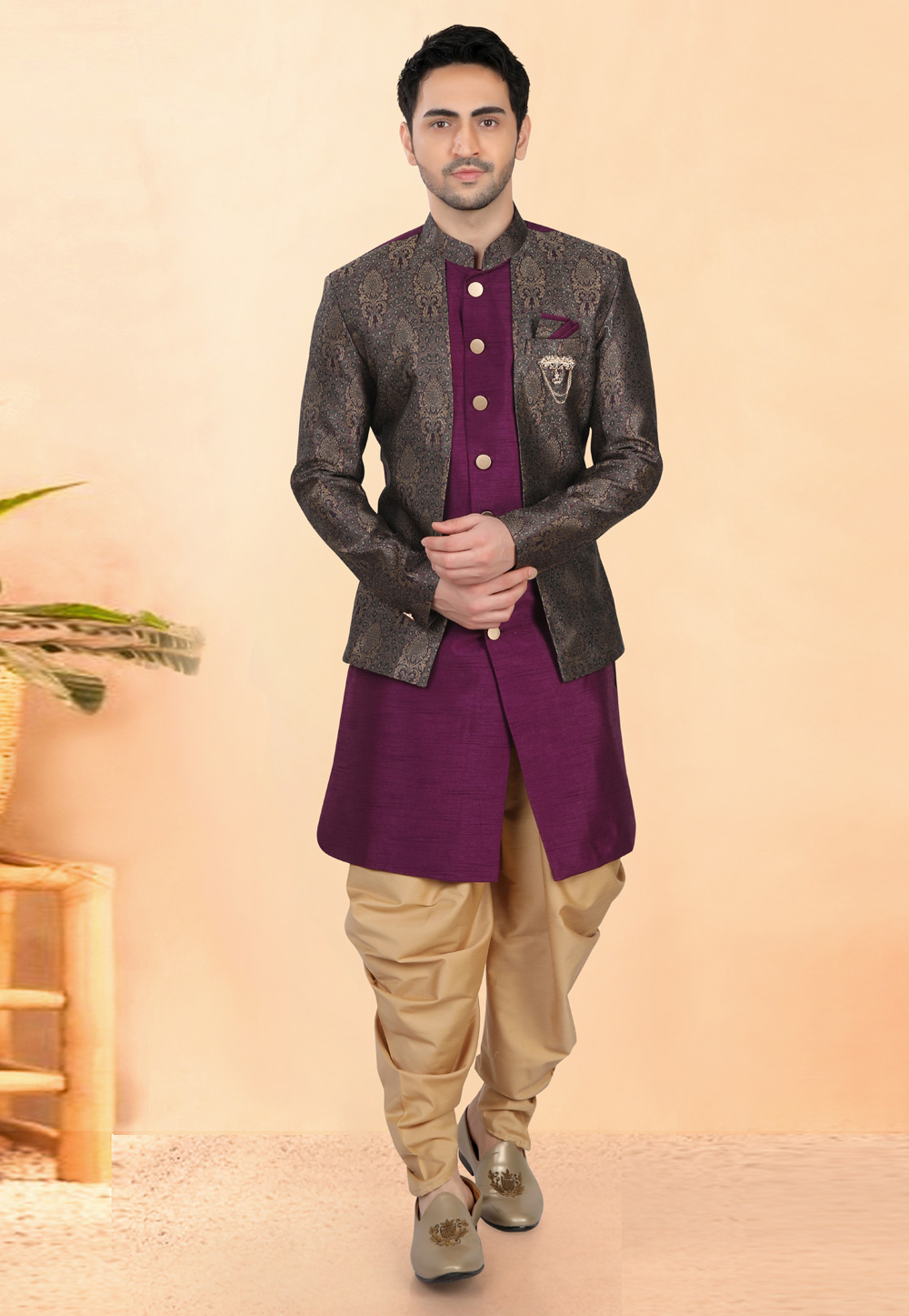 Purple Silk Indo Western Suit 308630