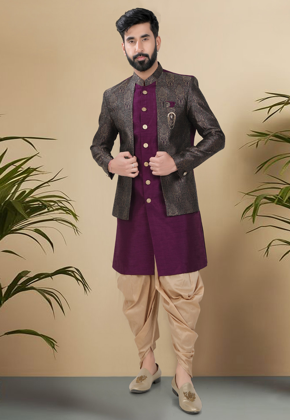 Purple Silk Indo Western Suit 313106