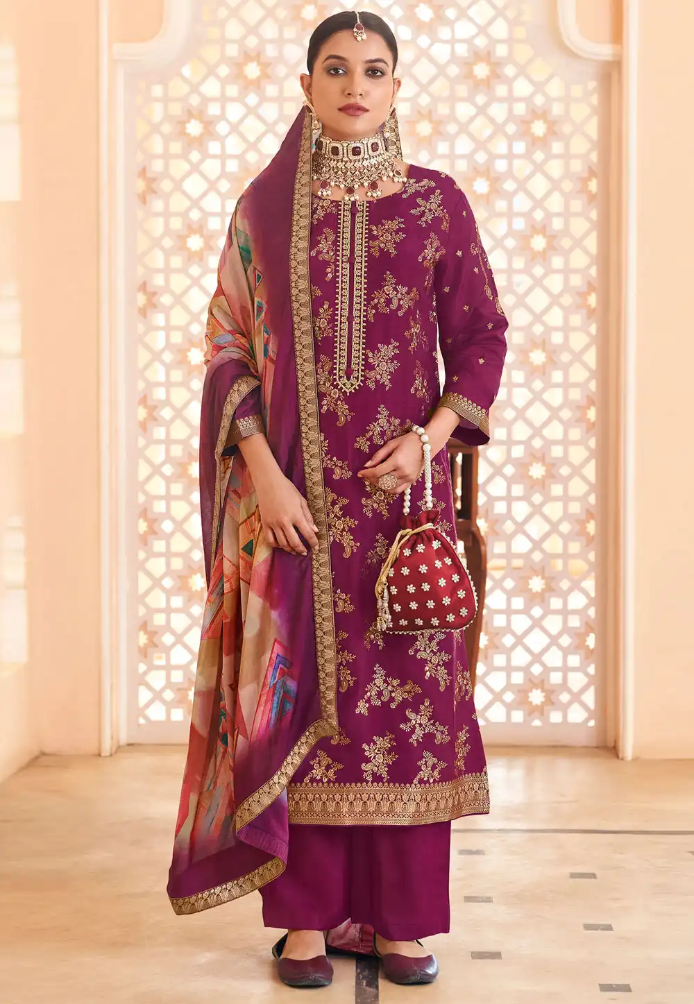 Purple Silk Jacquard Pakistani Suit 314015
