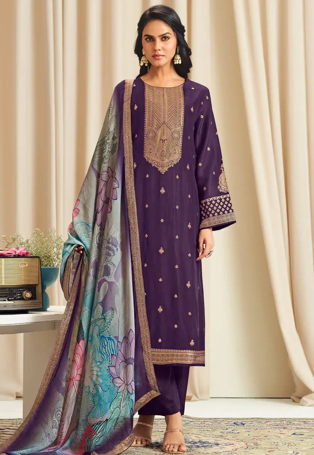 Purple Silk Jacquard Pakistani Suit 318234