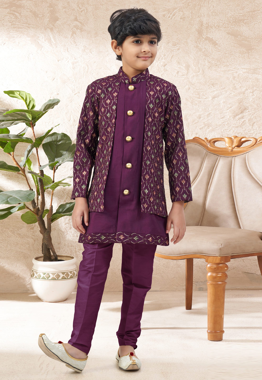Purple Silk Kids Indo Western Suit 328711