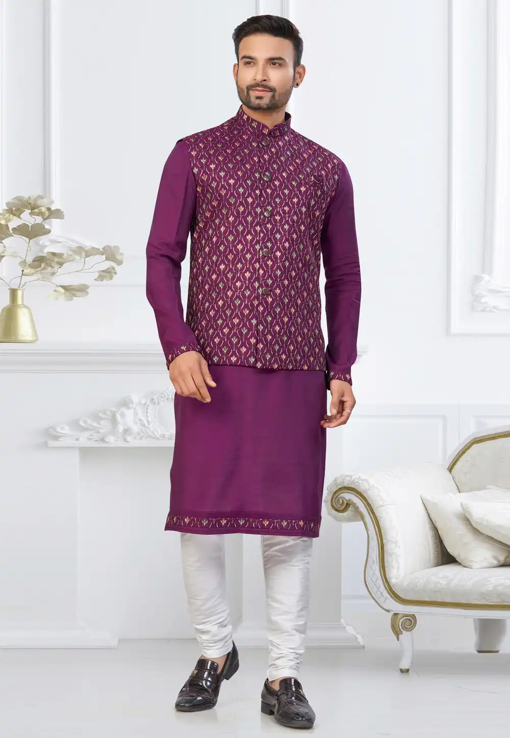 Purple Silk Kurta Pajama With Jacket 317870