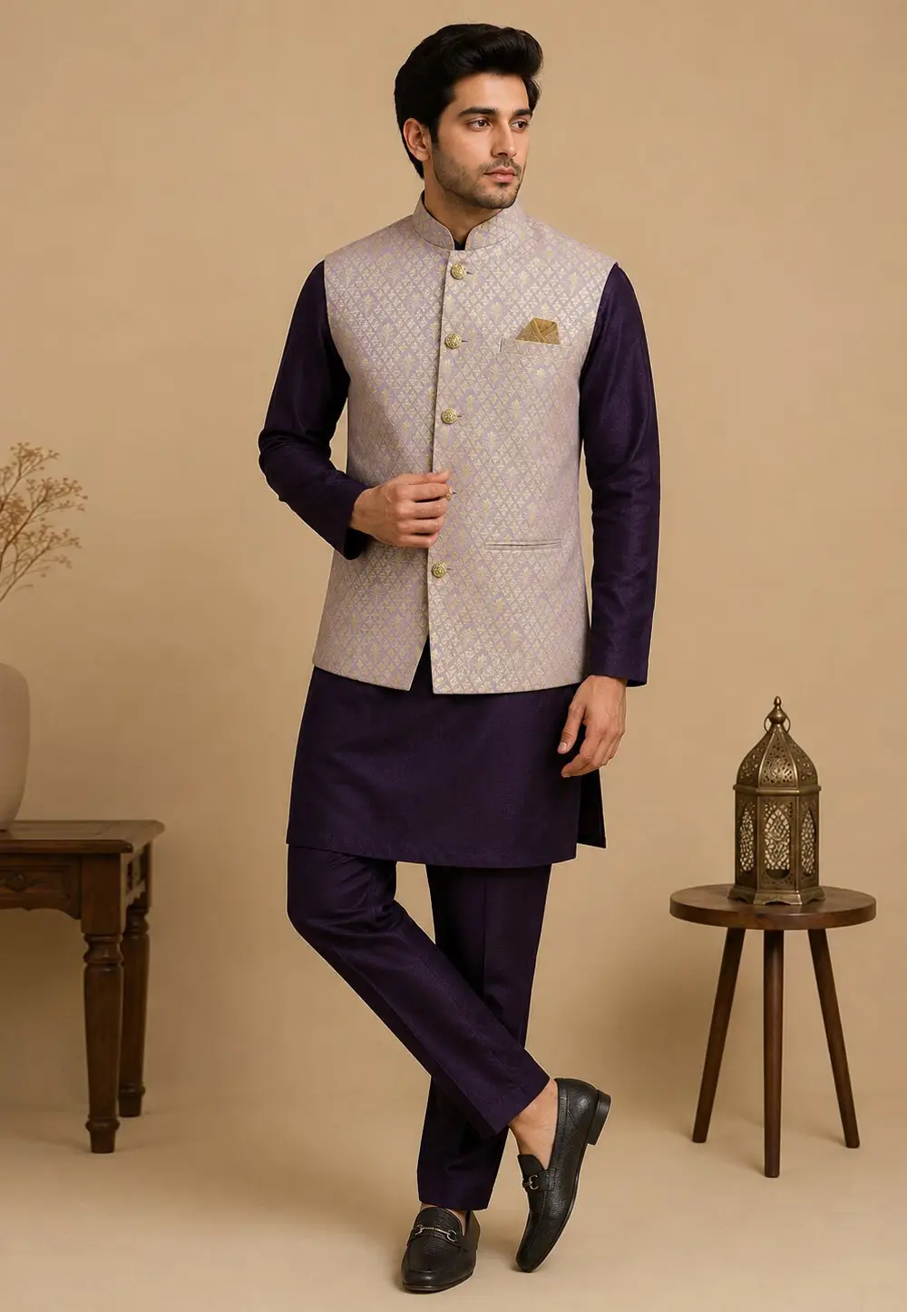 Purple Silk Kurta Pajama With Jacket 333248