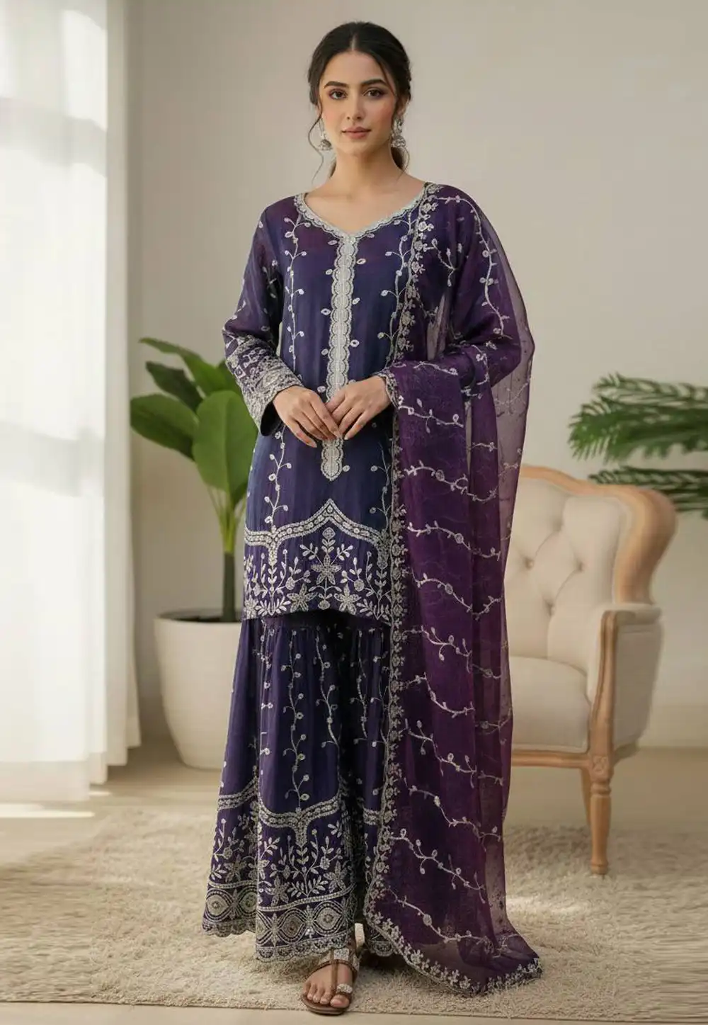 Purple Silk Readymade Gharara Suit 321006