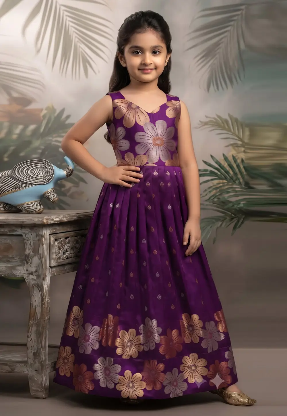 Purple Silk Readymade Girls Gown 336294