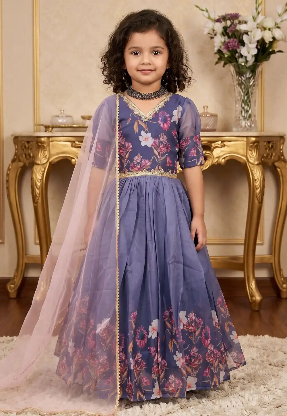 Purple Silk Readymade Kids Gown 329940