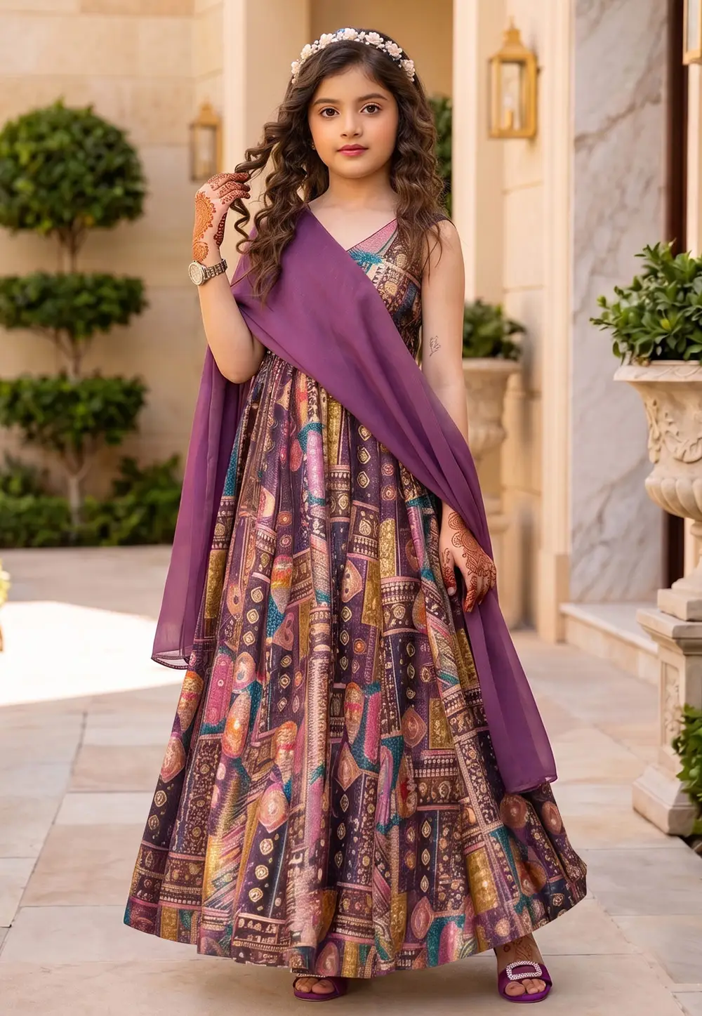 Purple Silk Readymade Kids Gown 333007