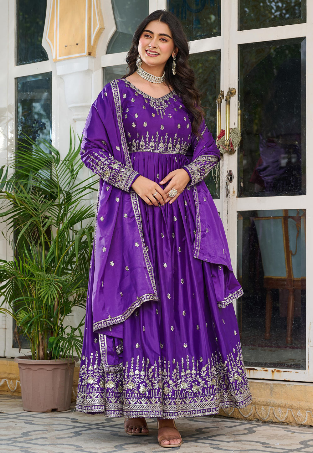 Purple Silk Readymade Long Anarkali Suit 312206