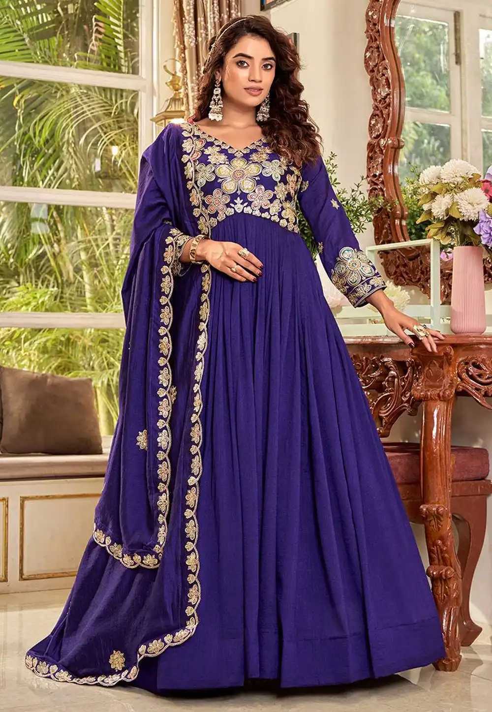 Purple Silk Readymade Long Anarkali Suit 327856
