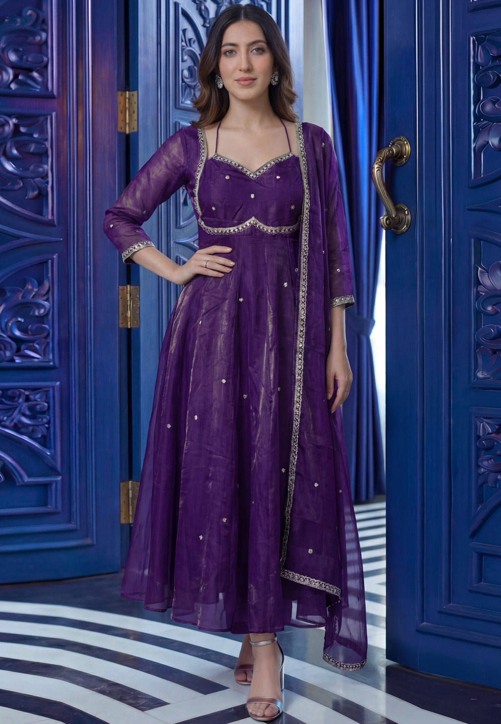 Purple Silk Readymade Long Anarkali Suit 325466