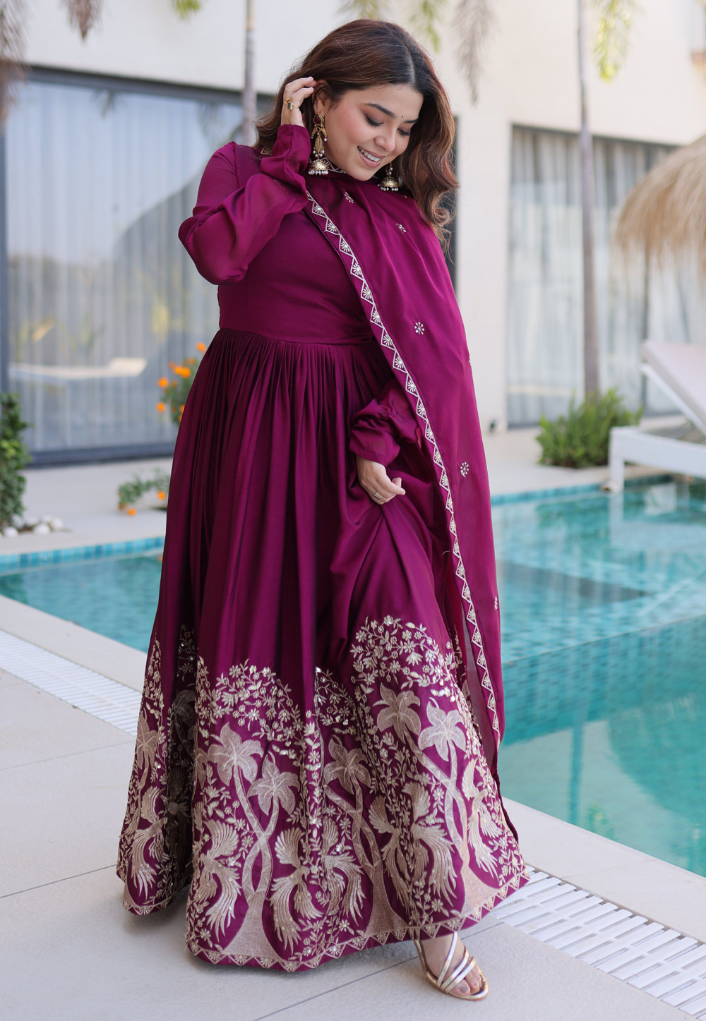Purple Silk Readymade Long Anarkali Suit 326100