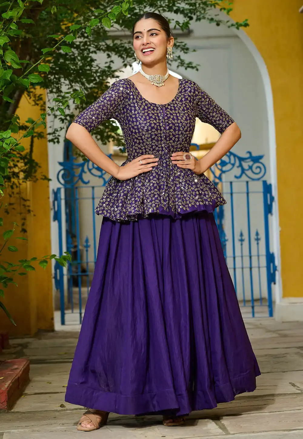 Purple Silk Readymade Long Choli Lehenga 314965