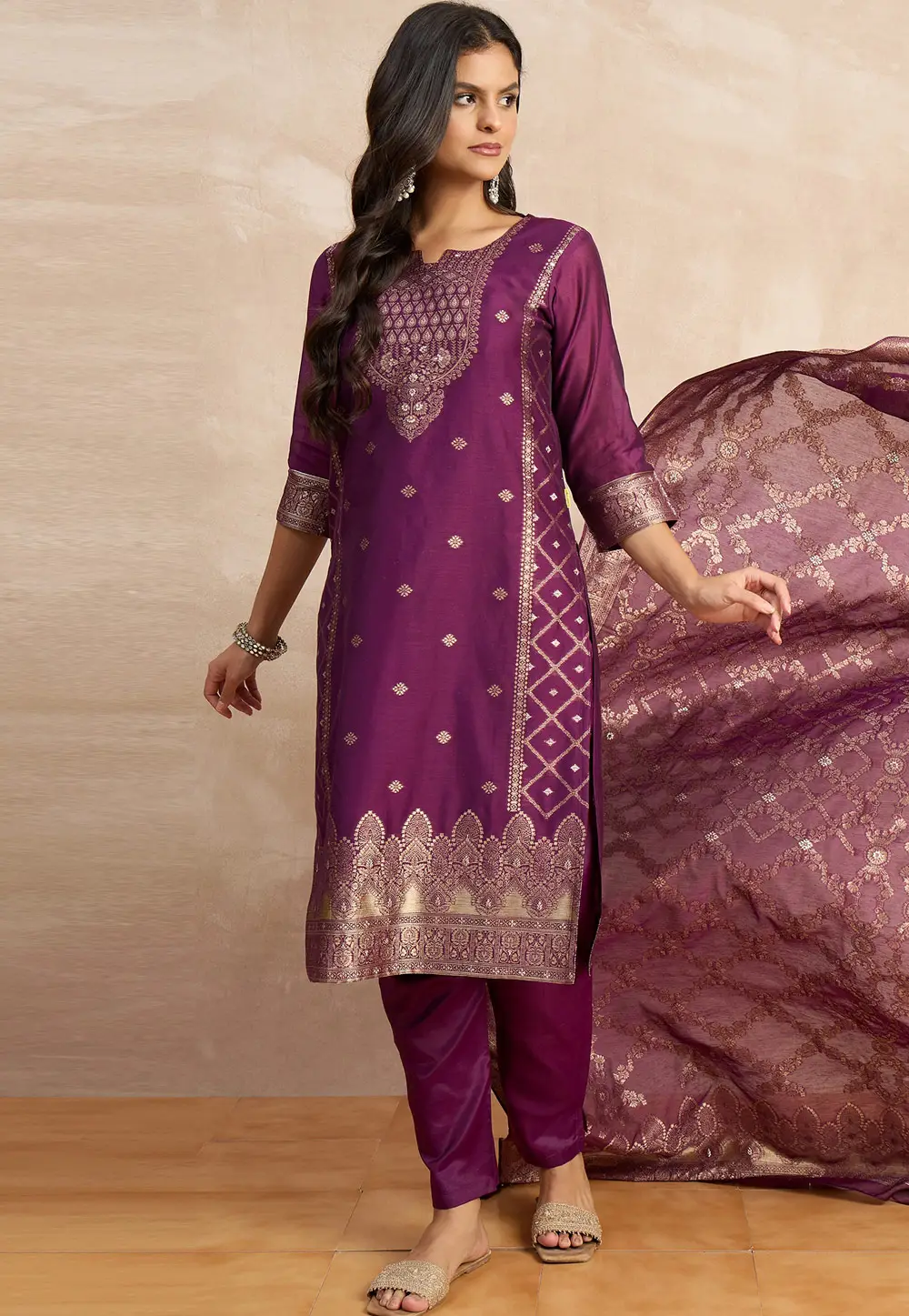 Purple Silk Readymade Pakistani Suit 331046