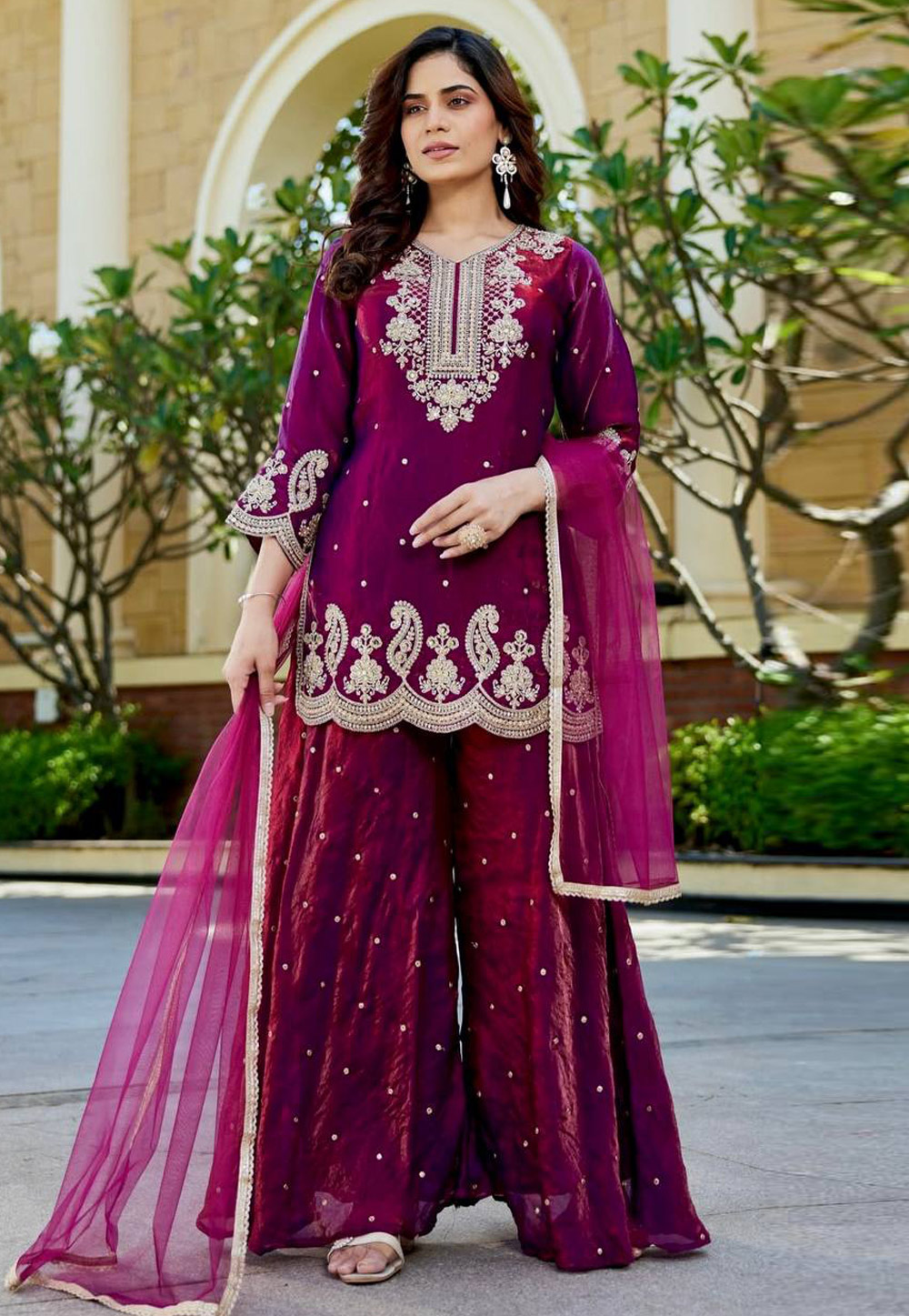 Purple Silk Readymade Palazzo Suit 321618