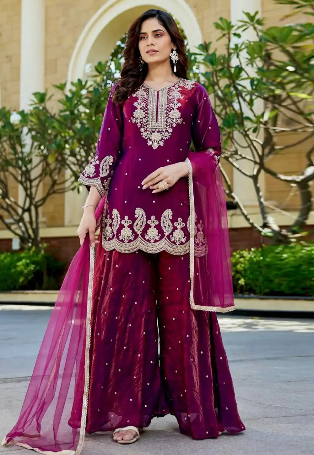 Purple Silk Readymade Palazzo Suit 321618
