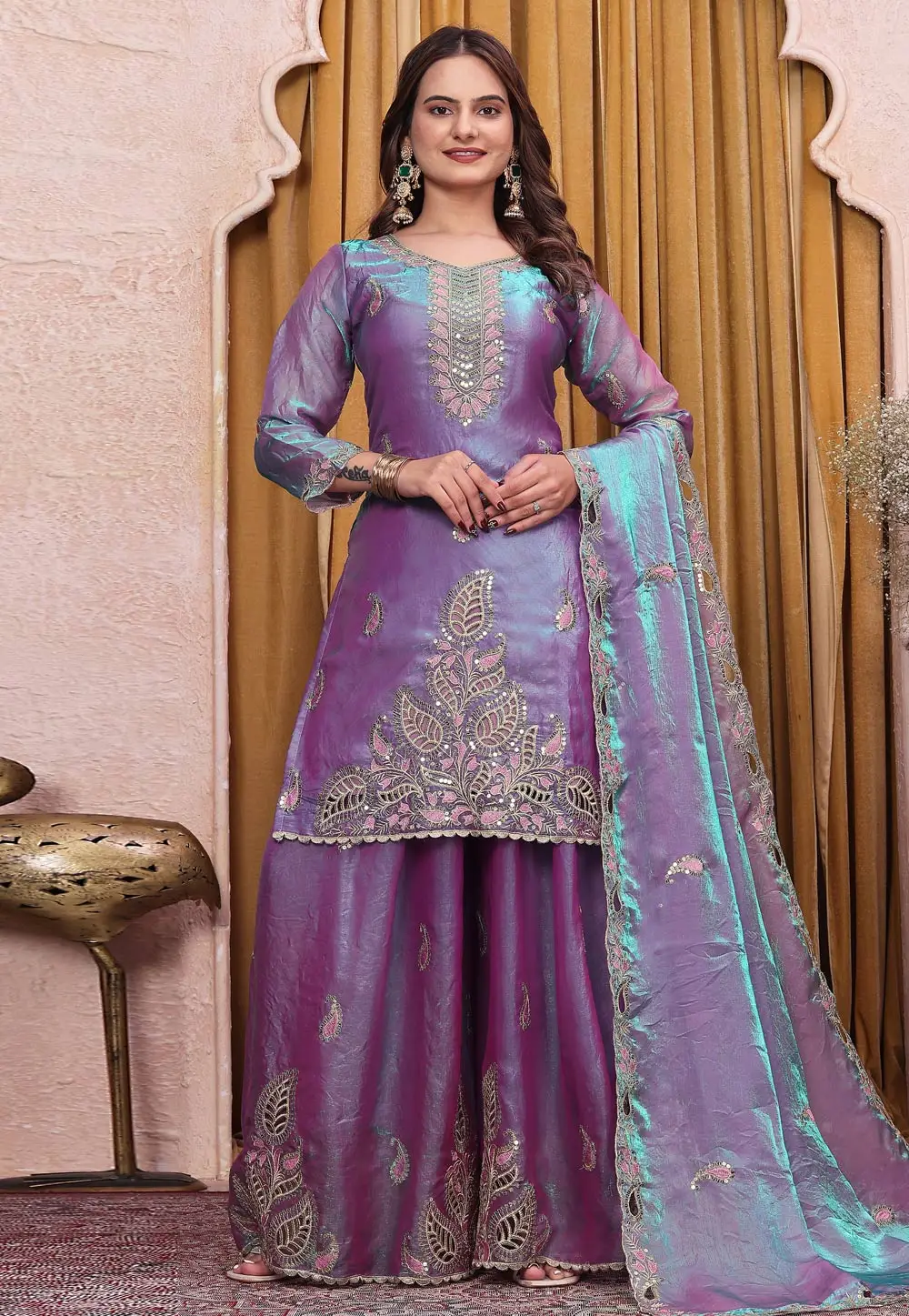 Purple Silk Readymade Palazzo Suit 334071