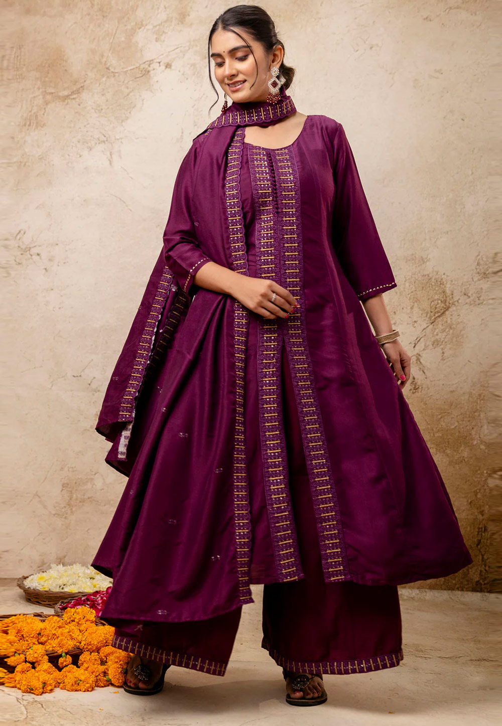 Purple Silk Readymade Palazzo Suit 307072