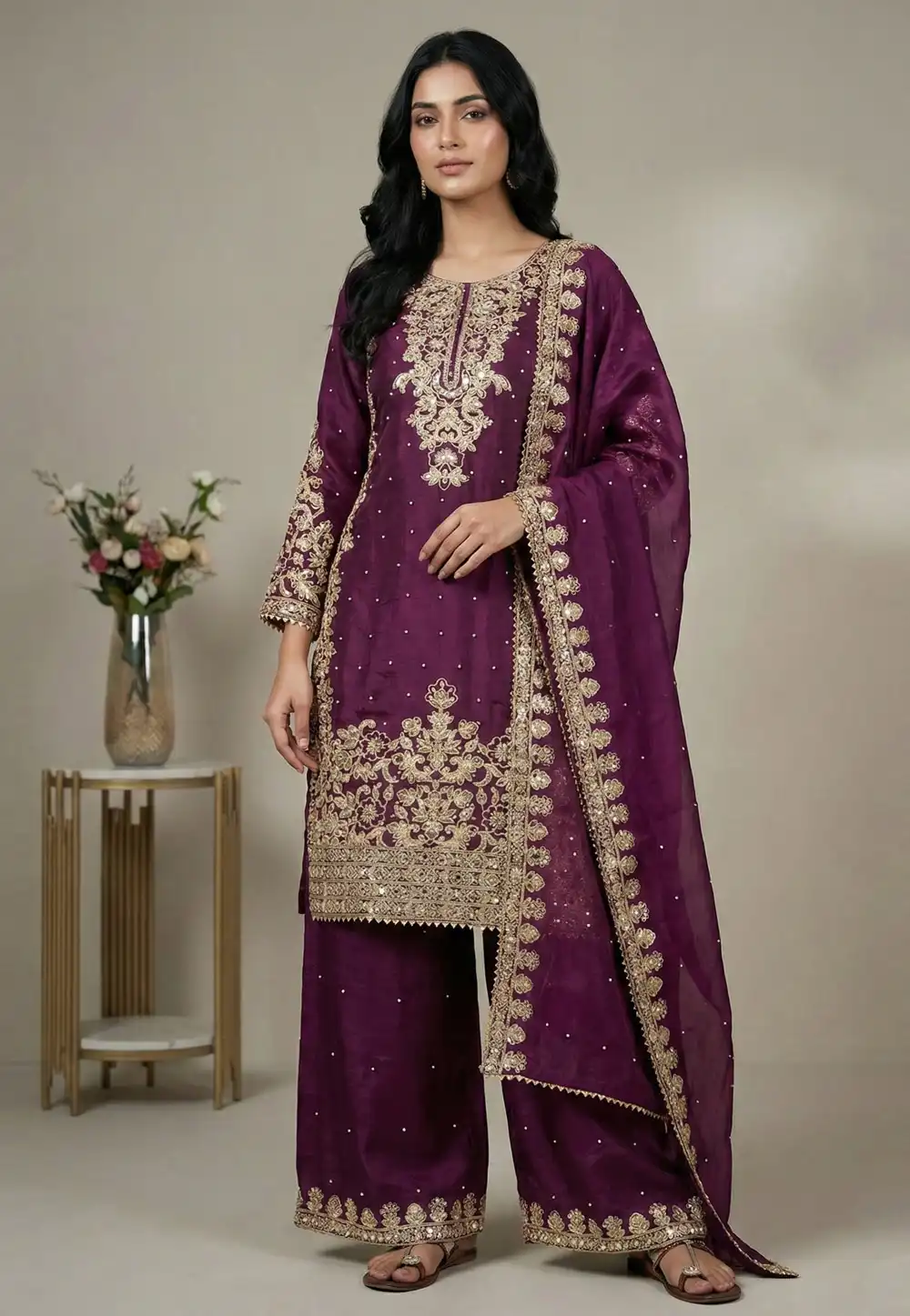 Purple Silk Readymade Palazzo Suit 324988