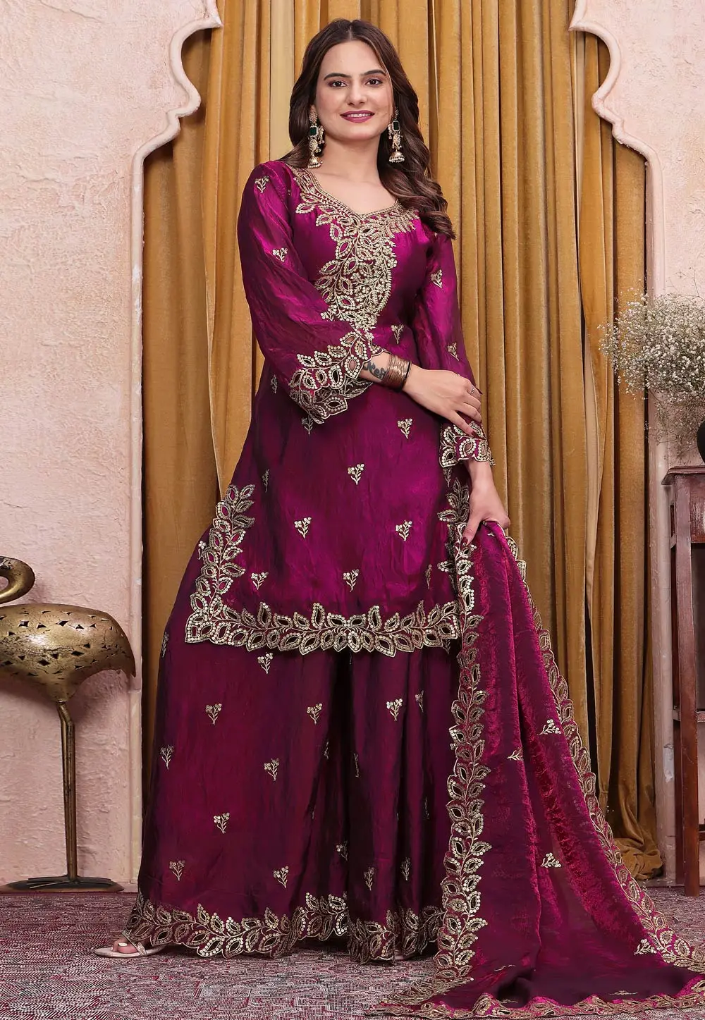 Purple Silk Readymade Palazzo Suit 332139