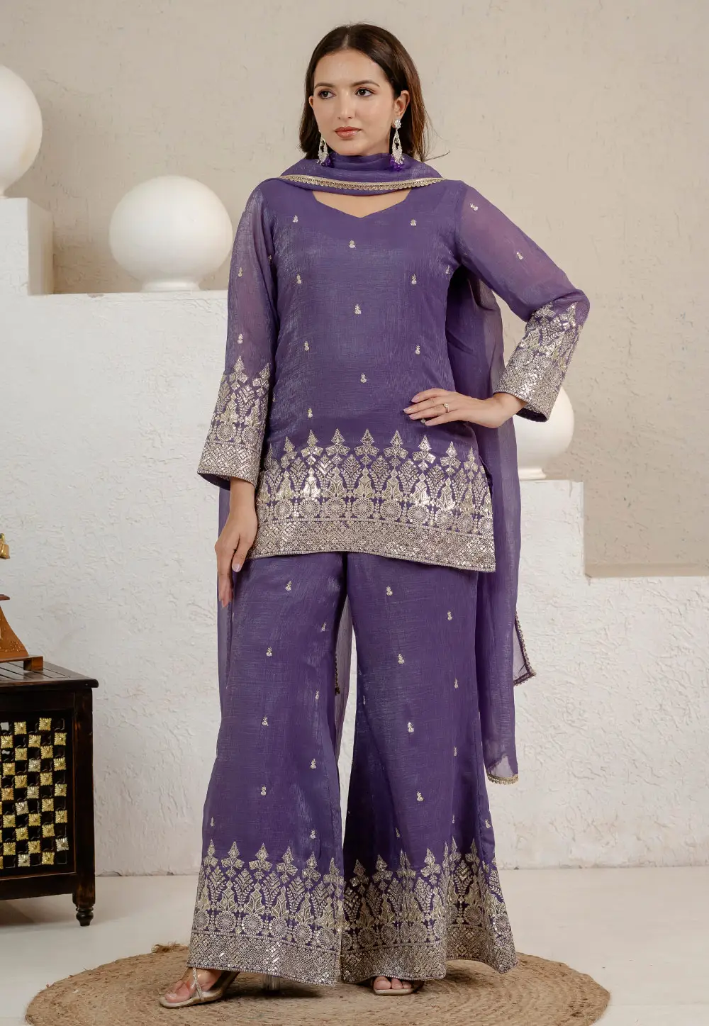 Purple Silk Readymade Palazzo Suit 336339