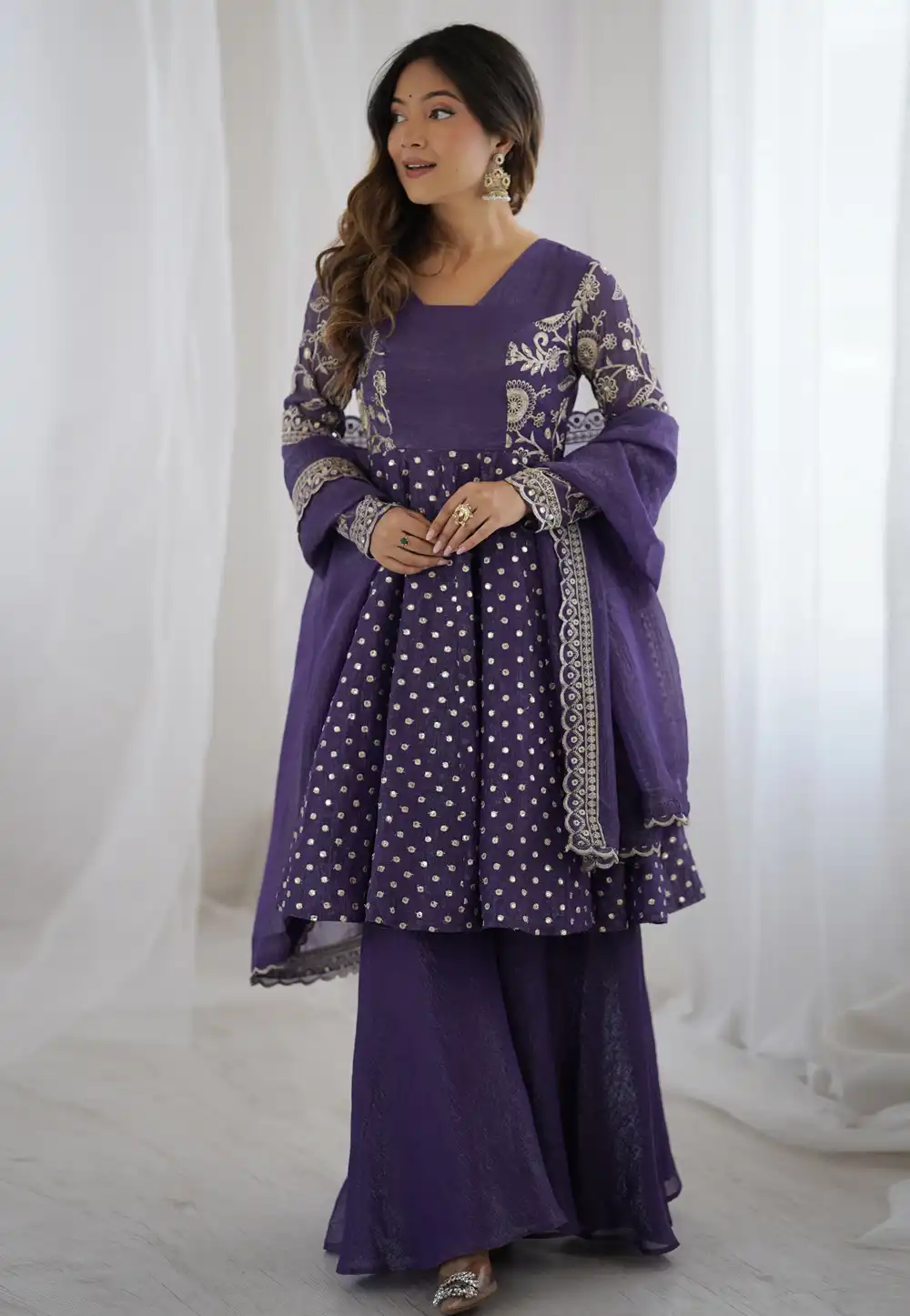 Purple Silk Readymade Palazzo Suit 317535