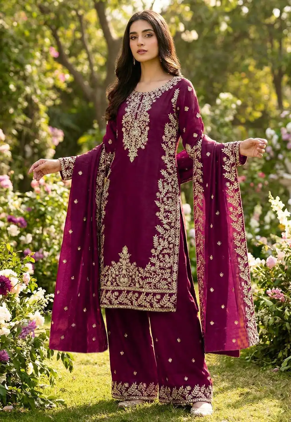 Purple Silk Readymade Palazzo Suit 321900